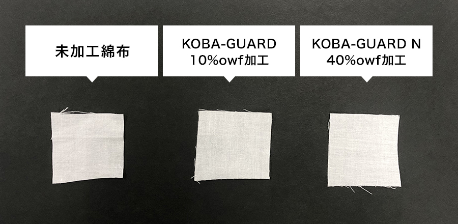 未加工綿布 KOBA-GUARD 10%owf加工 KOBA-GUARD N 40%owf加工